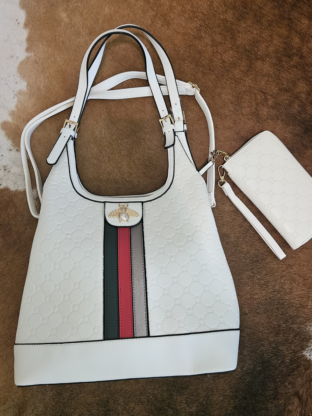 GUCCI White Red Green Bee Tote Shoulder Bag & Wallet New